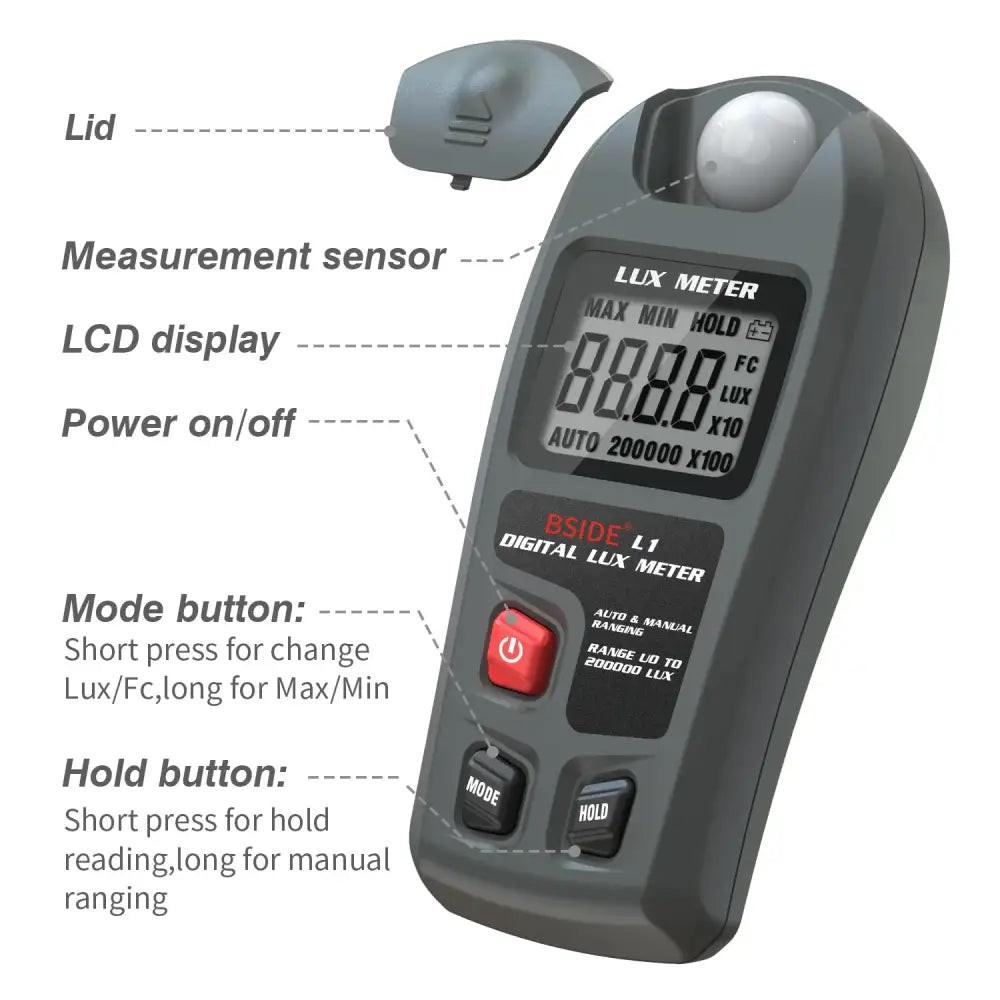 Digital Lux Meter 0–200,000 Lux Light Tester - HBC