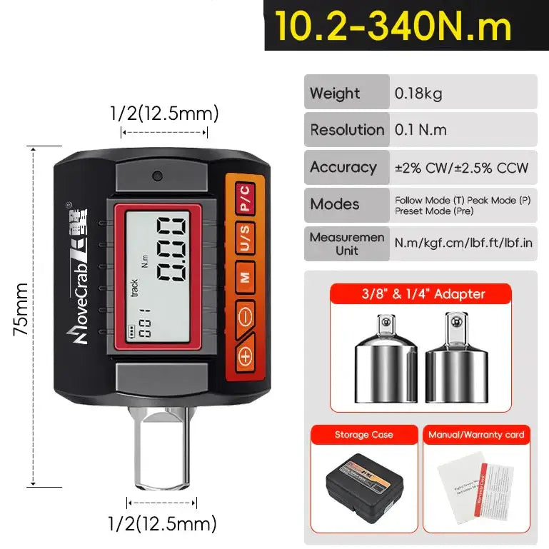 Digital Torque Adapter 1/2″ Drive with 3/8″ & 1/4″ Adapters - 10.2-340N.m / 450g / Digital Torque - HBC