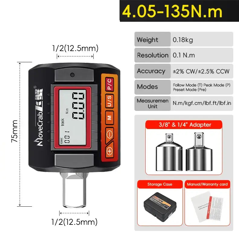 Digital Torque Adapter 1/2″ Drive with 3/8″ & 1/4″ Adapters - 4.05-135N.m / 450g / Digital Torque - HBC