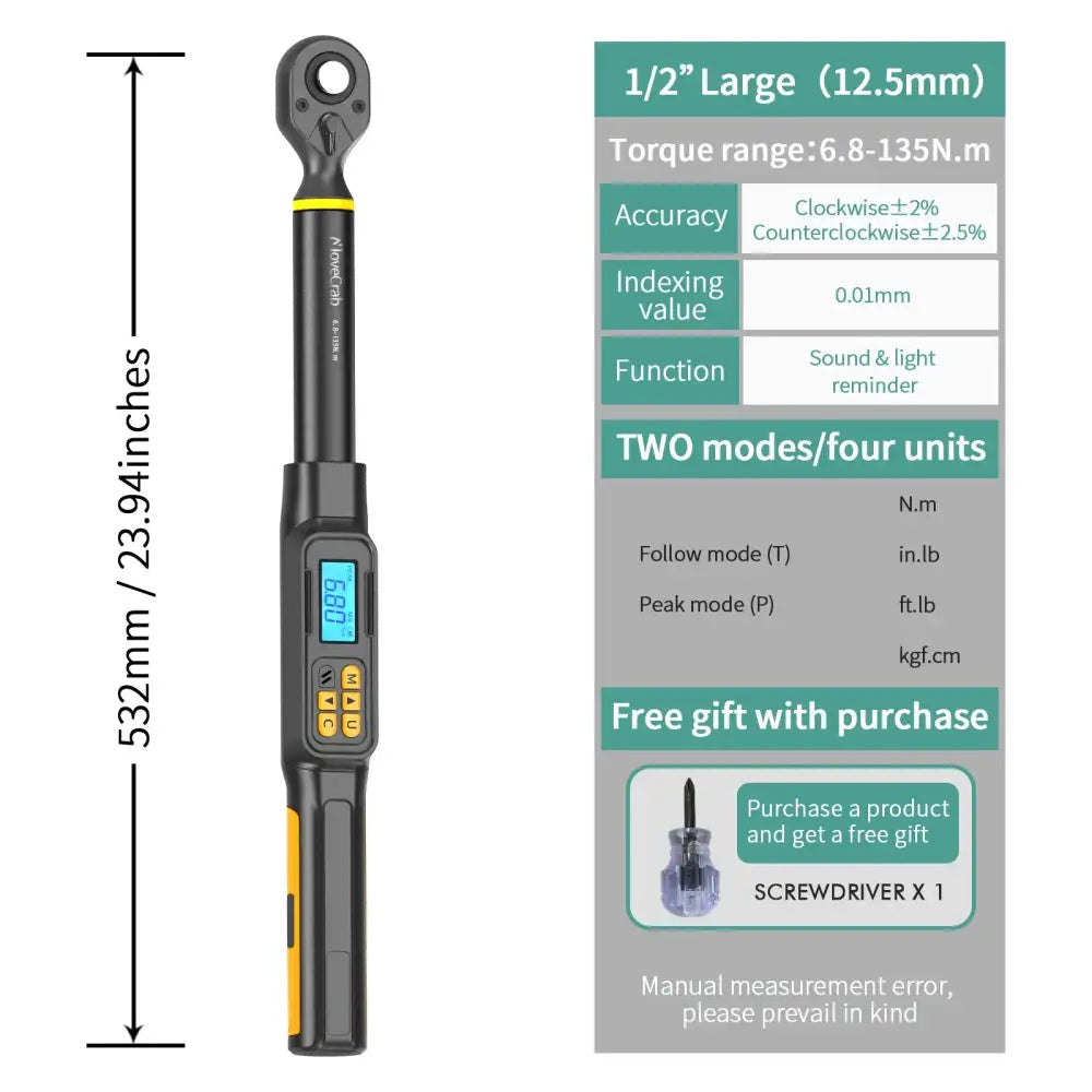 Digital Torque Wrench 1.5–340 N·m (±2% Accuracy) (different models available) - 6.8-135N.m / Torque Wrench - HBC