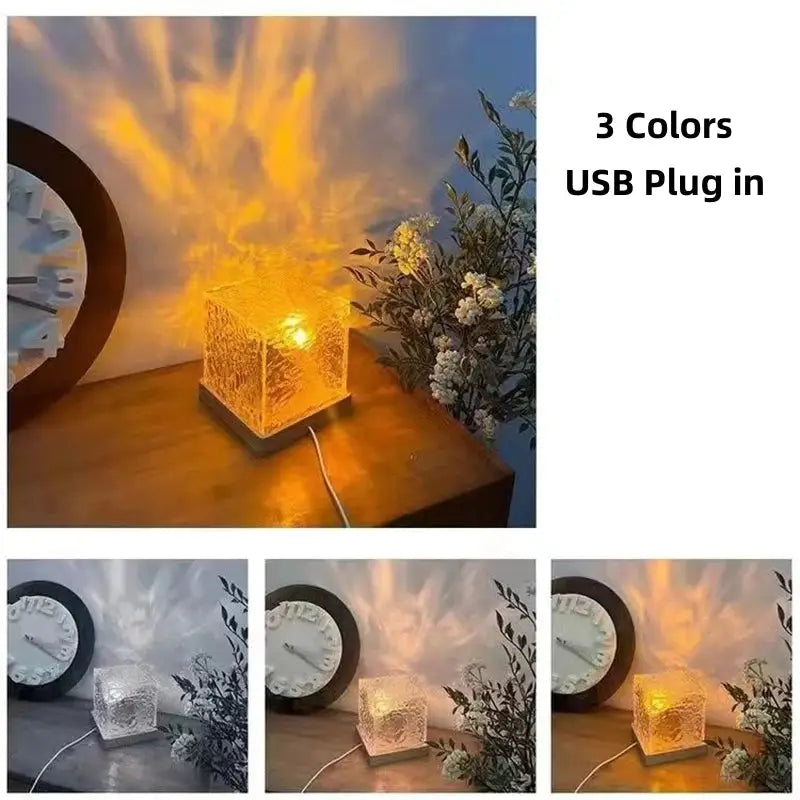 Dynamic Rotating Water Ripple Projector Night Light - 3/16 Color Flame Crystal Lamp for Bedroom Living Room and Study