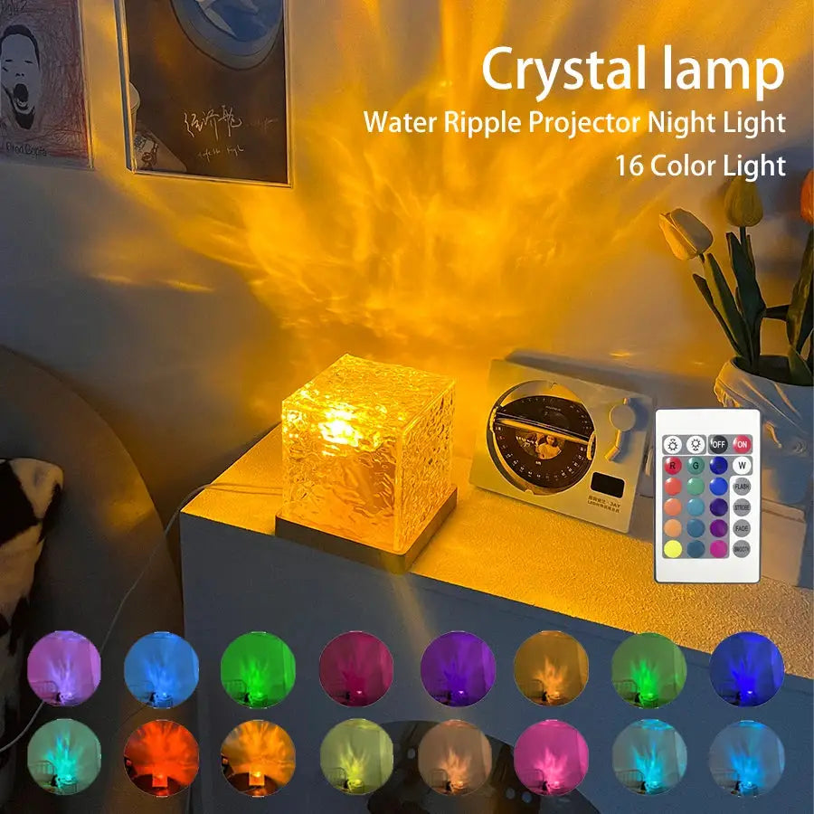 Dynamic Rotating Water Ripple Projector Night Light - 3/16 Color Flame Crystal Lamp for Bedroom Living Room and Study