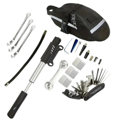 Emergency Bike Tire Repair Kit - Portable Set with Glueless Patches Iron Levers Tire Rasp & Pump for Mountain/Road