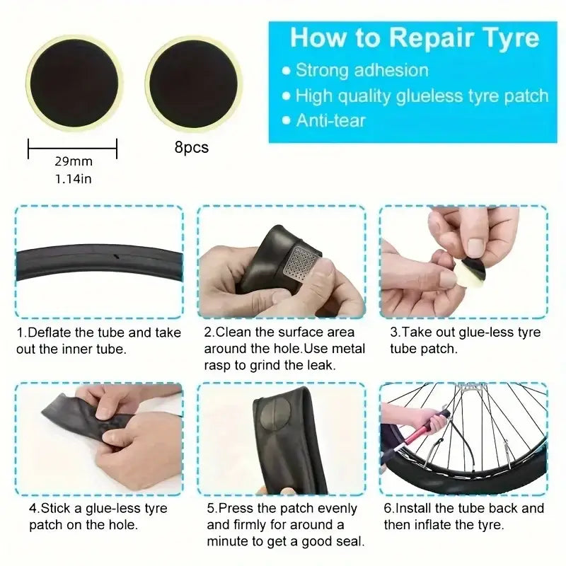 Emergency Bike Tire Repair Kit - Portable Set with Glueless Patches Iron Levers Tire Rasp & Pump for Mountain/Road