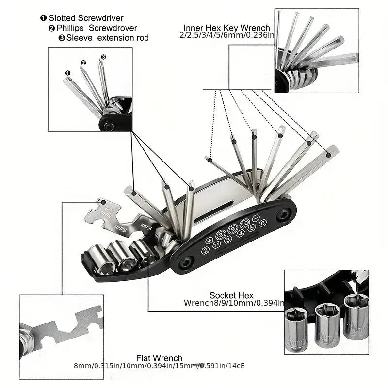 Folding Bike & Motorcycle Repair Tool Kit (16 in 1) - HBC