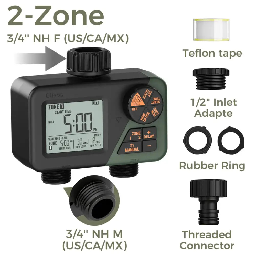 Garden Water Timer – 3-Outlet (6 types available) - 2 ZONE-NH - SS