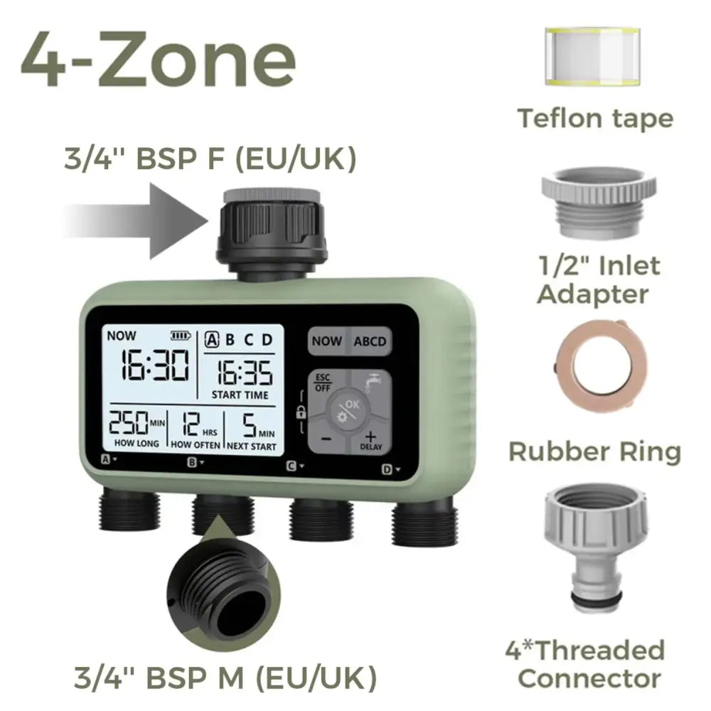 Garden Water Timer – 3-Outlet (6 types available) - 4 ZONE-BSP - SS