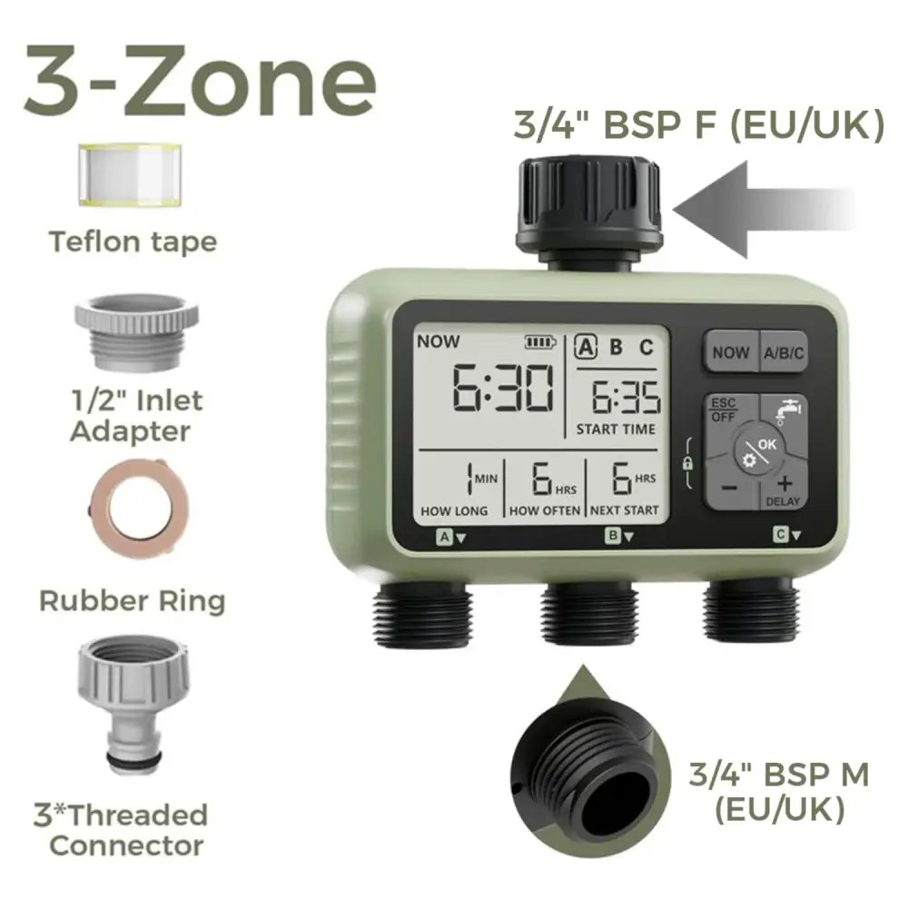 Garden Water Timer – 3-Outlet (6 types available) - 3 ZONE-BSP - SS