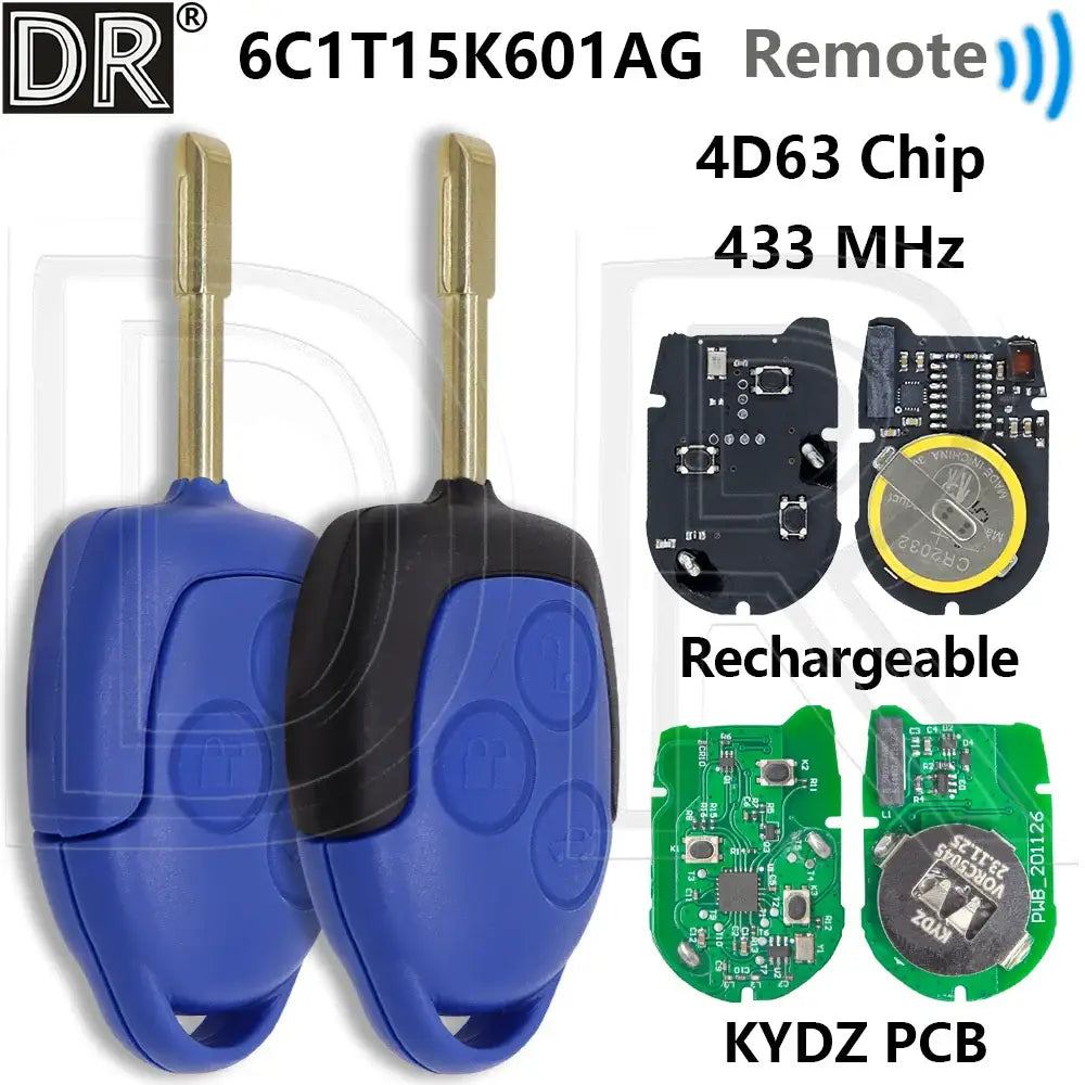 Great 6C1T-15K601-AG 4D63 Chip 433MHz KYDZ Or Rechargeable PCB FO21 Blade Car Remote Key For Ford Transit WM VM