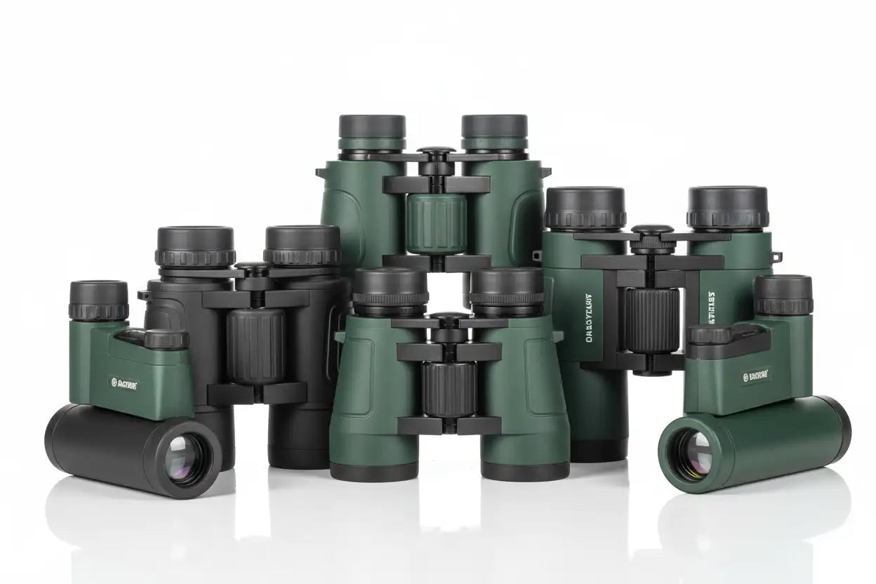 Green and black binoculars with a rugged, ergonomic design.