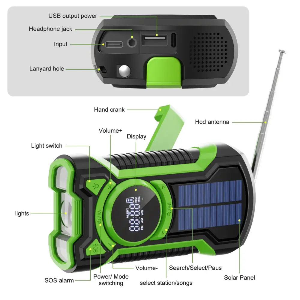 Hand Crank Solar Emergency Radio with Bluetooth 5.3 - Radio / Weather Alert Radio / Green - SS