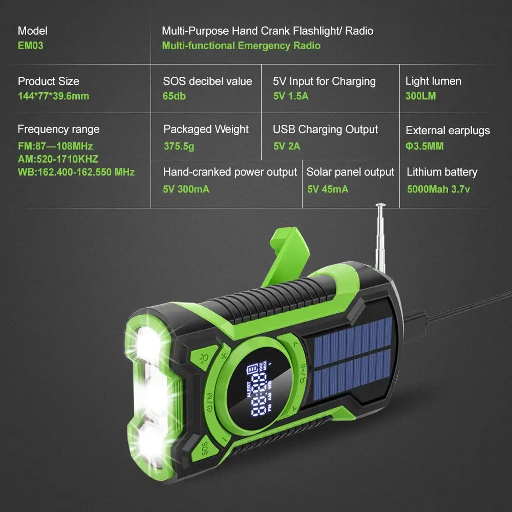 Hand Crank Solar Emergency Radio with Bluetooth 5.3 - Radio / Weather Alert Radio / Green - SS