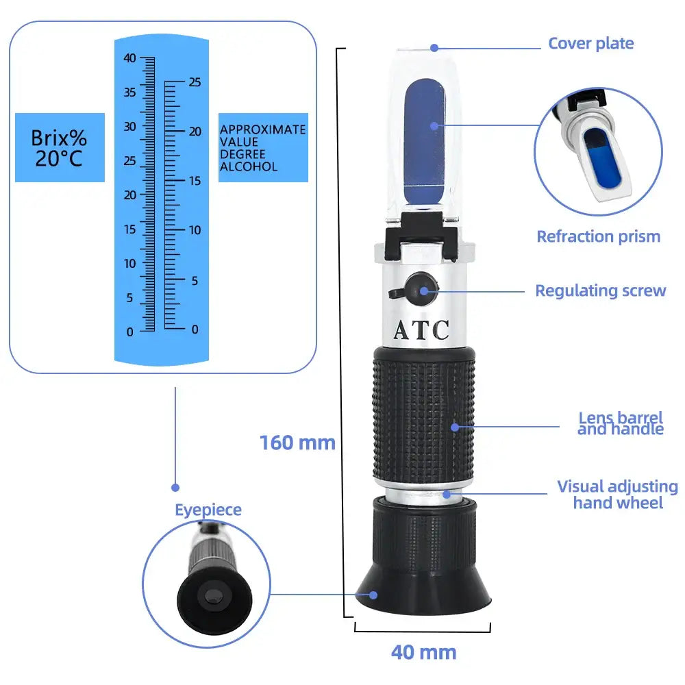 Handheld 0–40% Sugar & 0–25% Alcohol Refractometer (available with or without box) - HBC