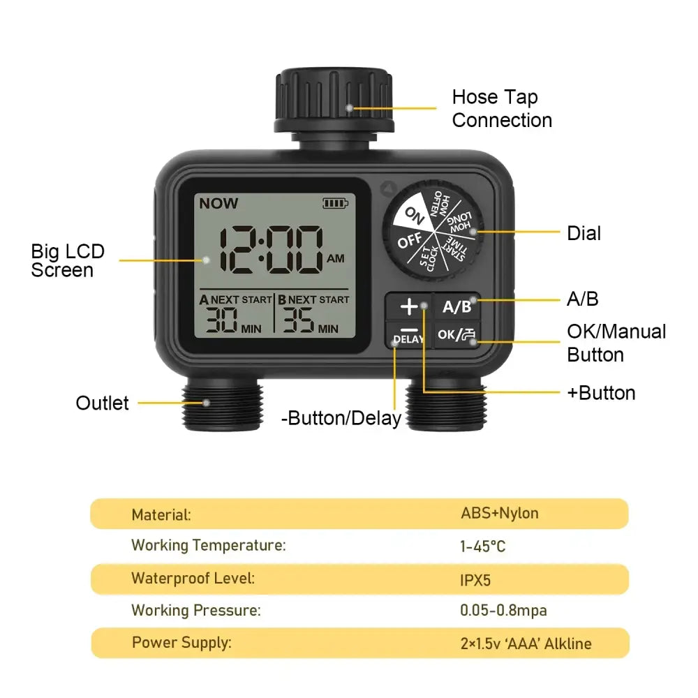 HCT-M06 Digital 2-Outlet Water Timer with Independent Zone Control - SS