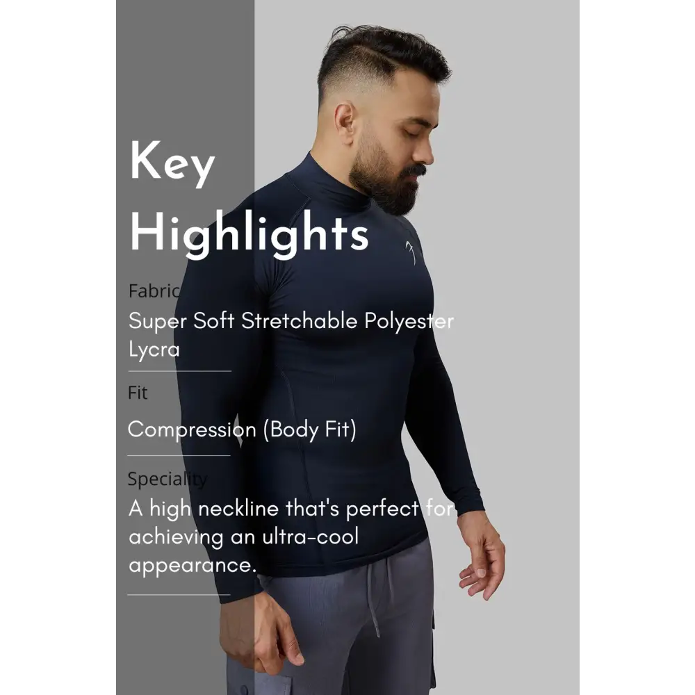 High Neck Compression Full Sleeves T-shirt Navy - Tshirts