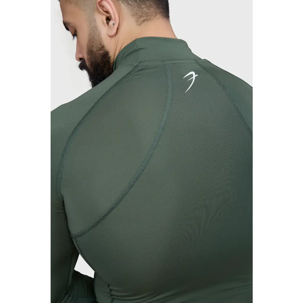 High Neck Compression Full Sleeves T-shirt Olive - Tshirts