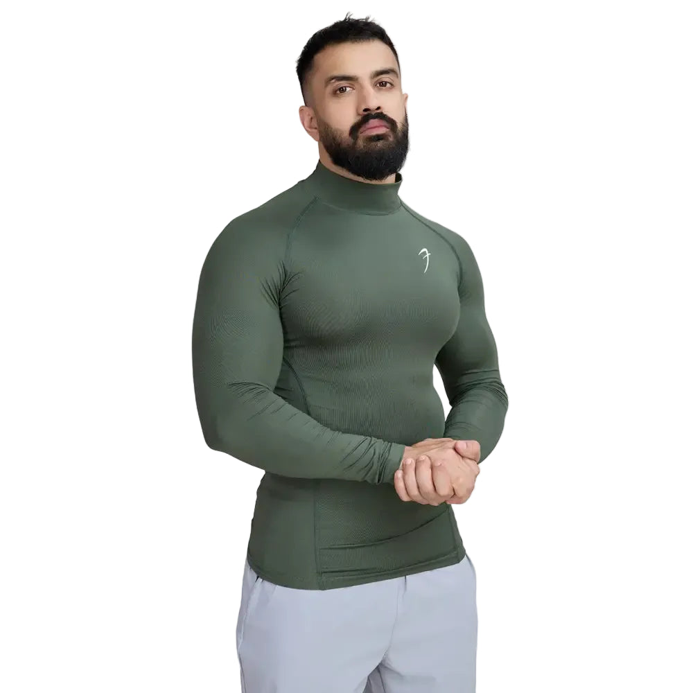 High Neck Compression Full Sleeves T-shirt Olive - Tshirts