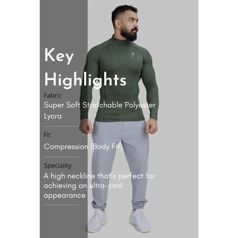 High Neck Compression Full Sleeves T-shirt Olive - Tshirts