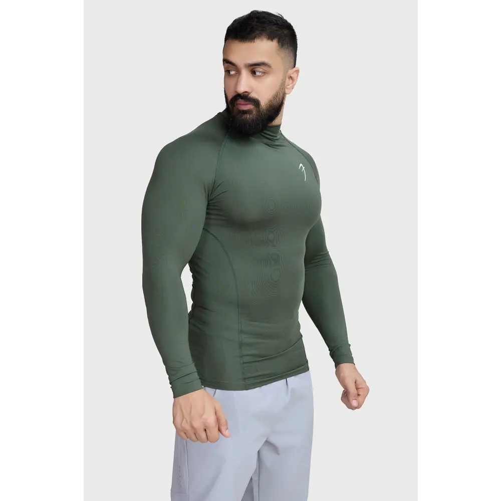 High Neck Compression Full Sleeves T-shirt Olive - Tshirts