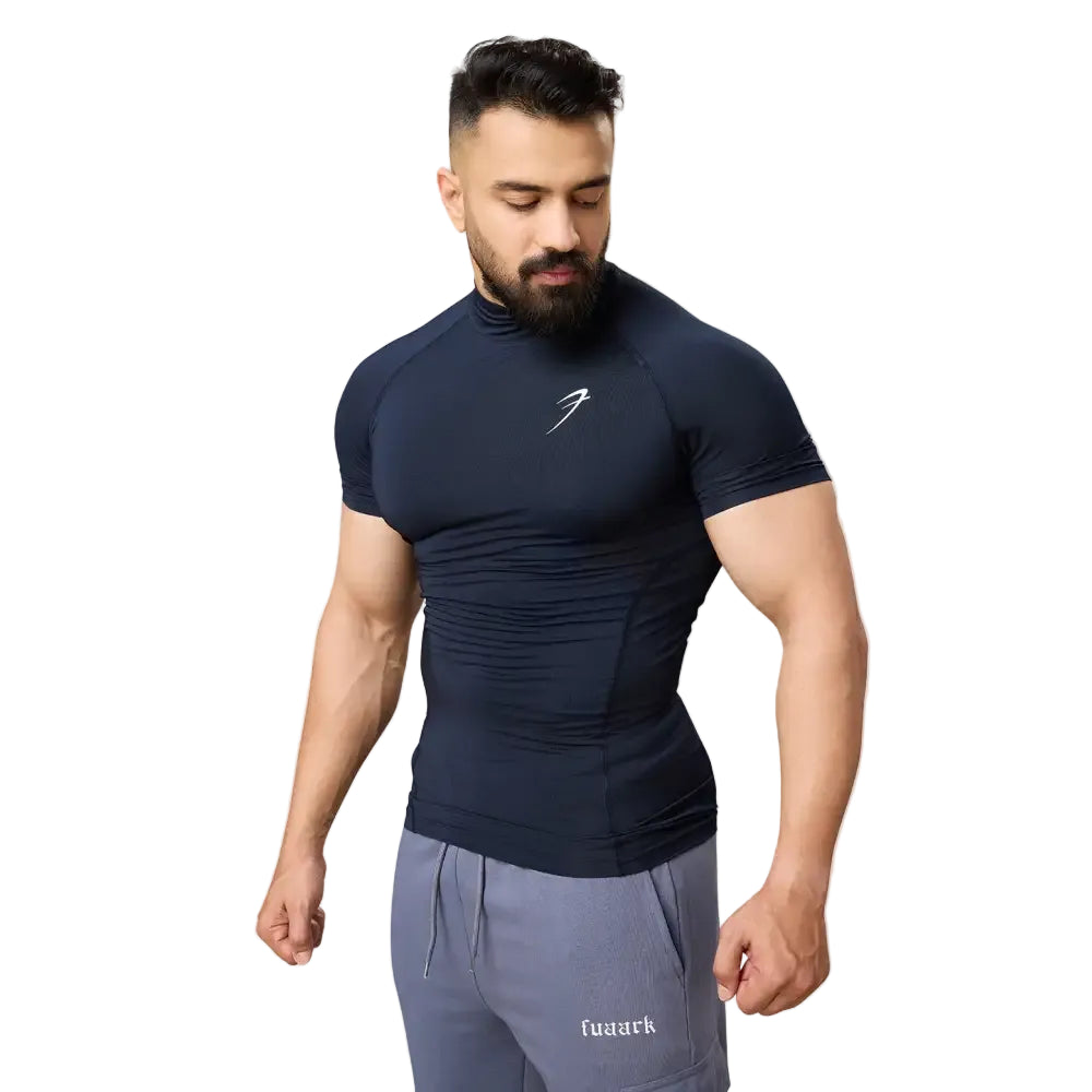 High Neck Compression T-shirt Navy - Tshirts