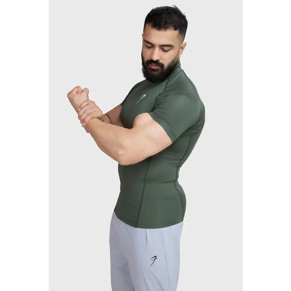 High Neck Compression T-shirt Olive - Tshirts