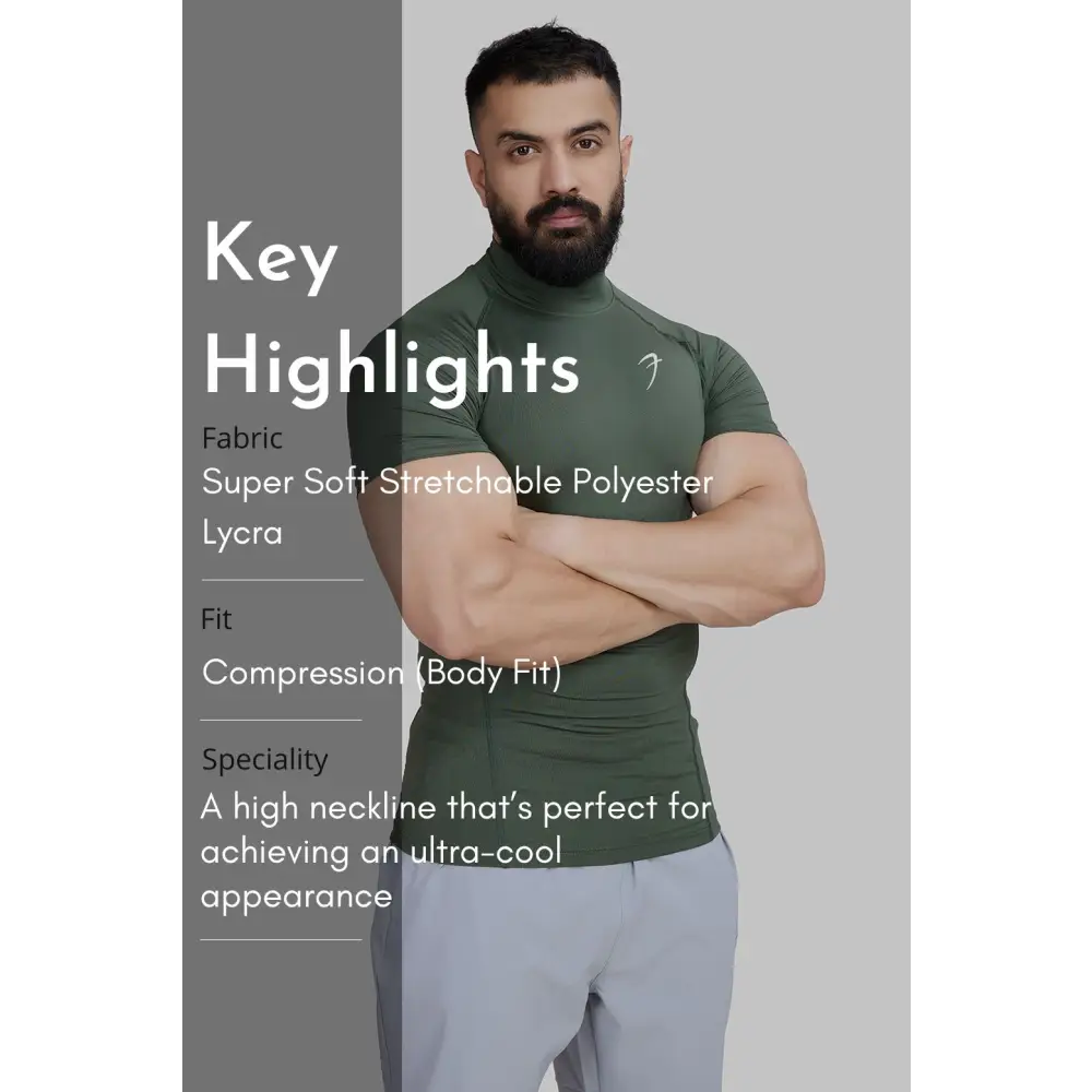 High Neck Compression T-shirt Olive - Tshirts