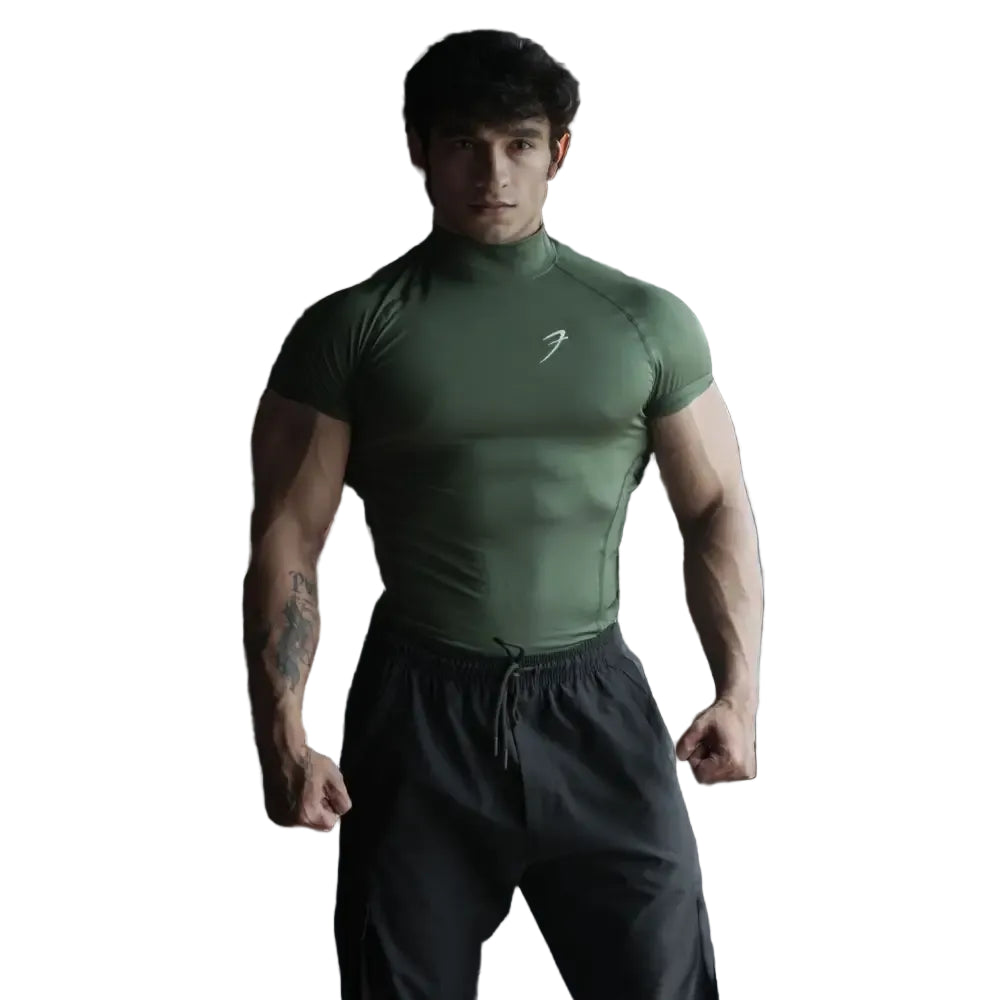 High Neck Compression T-shirt Olive - Tshirts