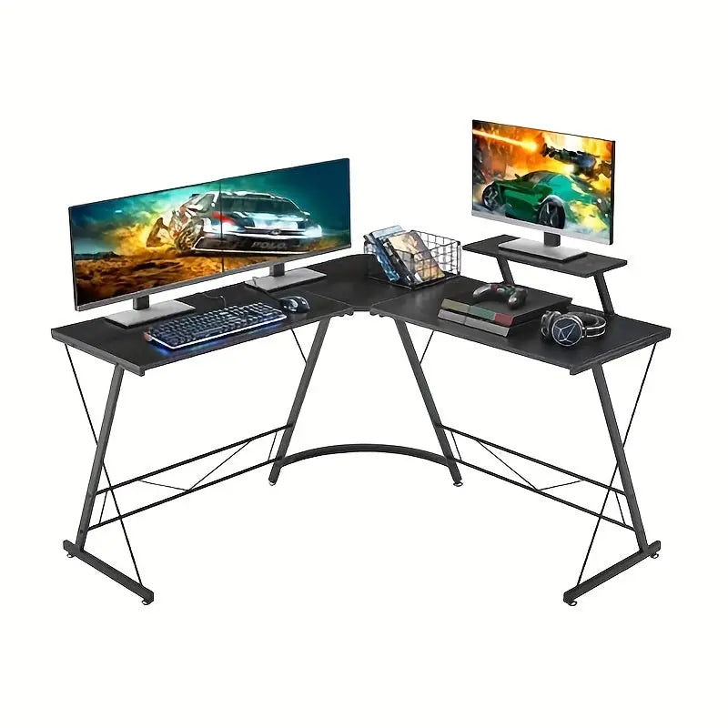 Industrial L-Shaped Corner Desk – Black Metal Frame with Monitor Stand (2 colours available) - Black - SS