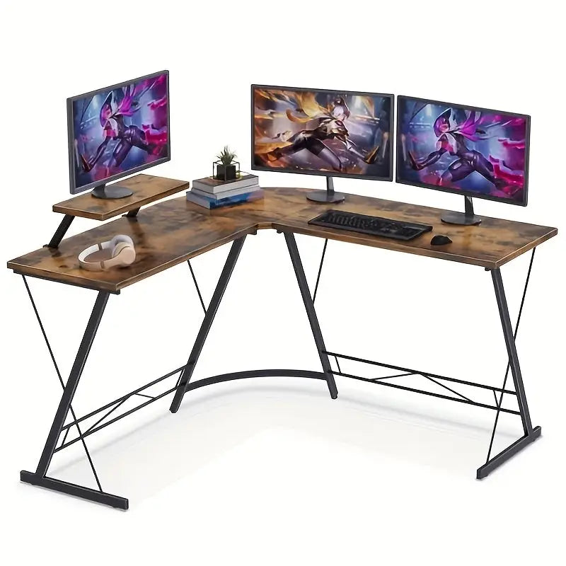 Industrial L-Shaped Corner Desk – Black Metal Frame with Monitor Stand (2 colours available) - Rustic - SS