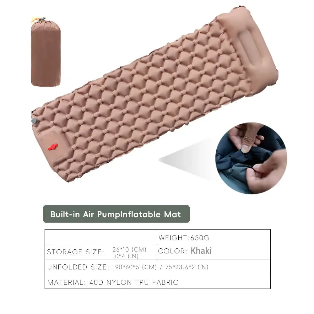 Inflatable Camping Mat with Pillow – Self-Inflating Mattress - khaki - SS