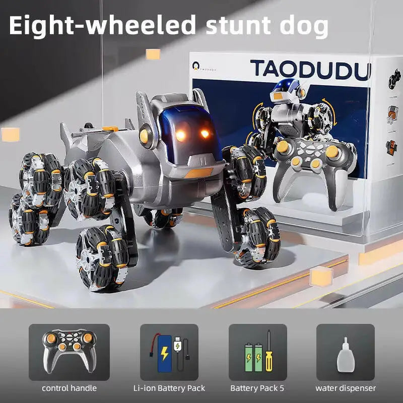 Intelligent Remote Control Robot Dog with Eight Wheels and Tail Spray Stunt Features - Four Skill Functions