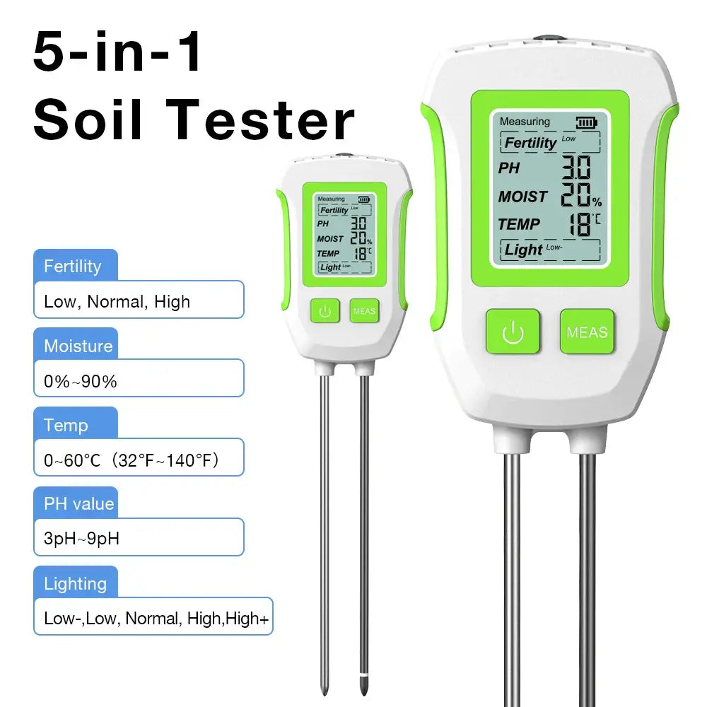LCD 3/5-in-1 Handheld Soil Tester for pH Moisture & Light (different colours & sets available) - HBC