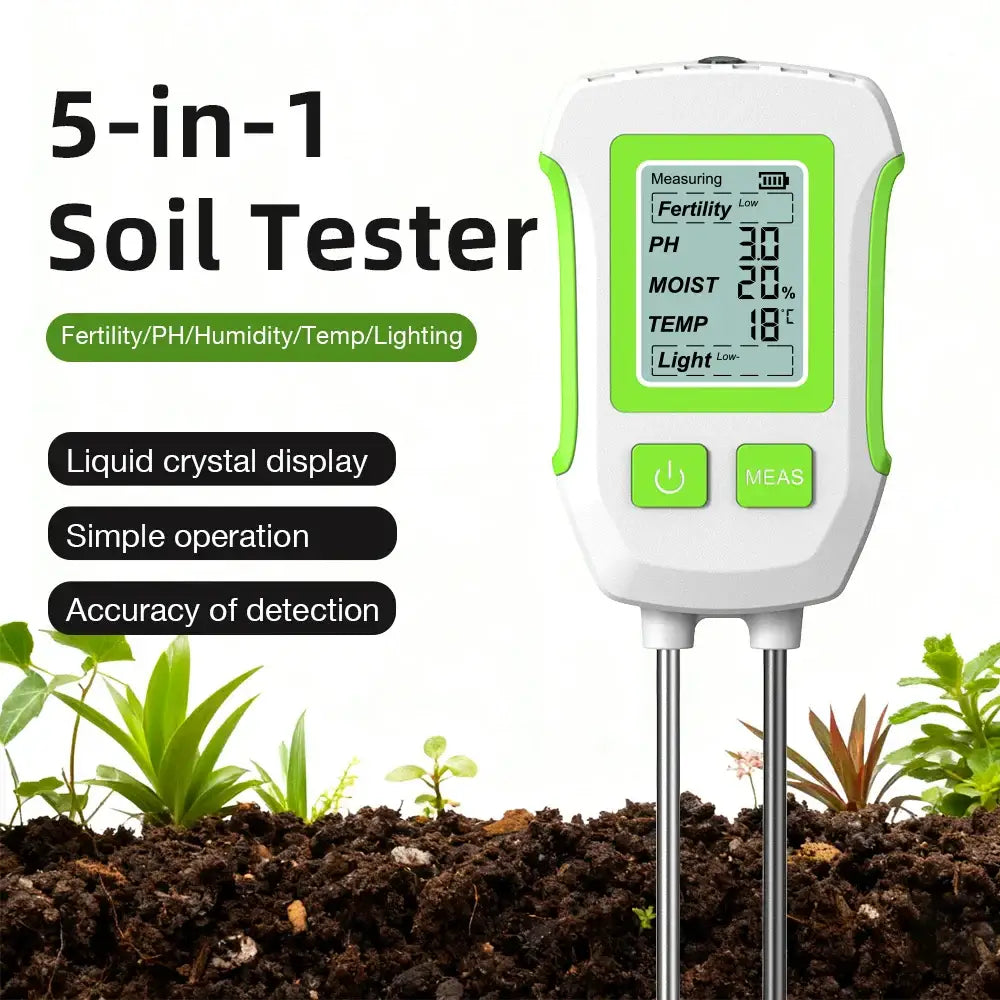 LCD 3/5-in-1 Handheld Soil Tester for pH Moisture & Light (different colours & sets available) - 5 in 1 White Green