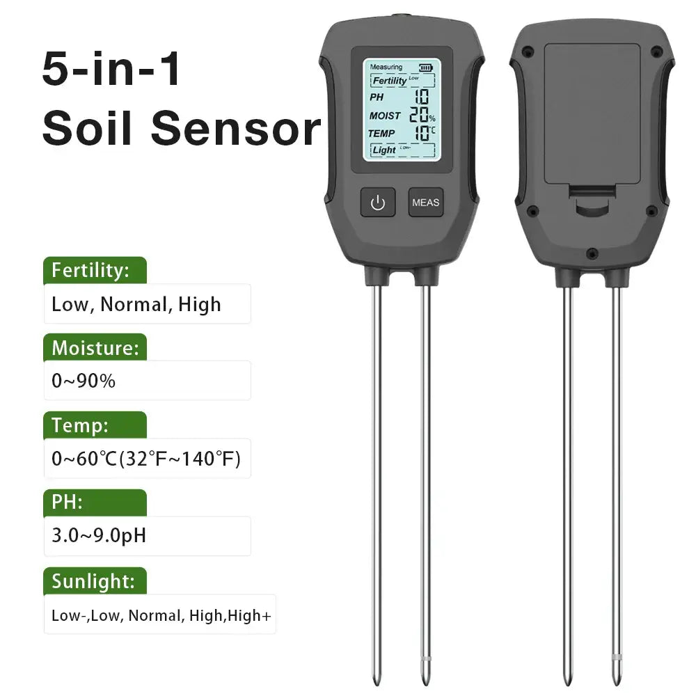 LCD 3/5-in-1 Handheld Soil Tester for pH Moisture & Light (different colours & sets available) - HBC