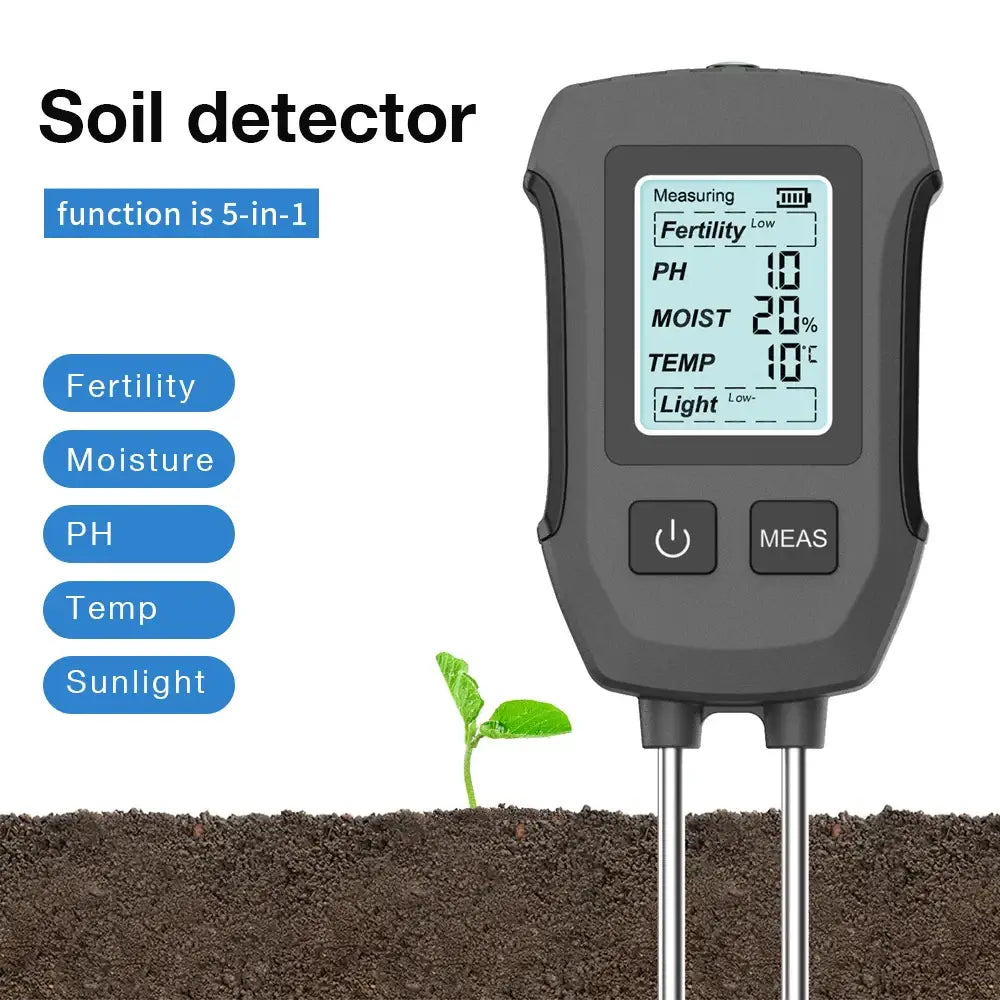LCD 3/5-in-1 Handheld Soil Tester for pH Moisture & Light (different colours & sets available) - 5 in 1 Black - HBC