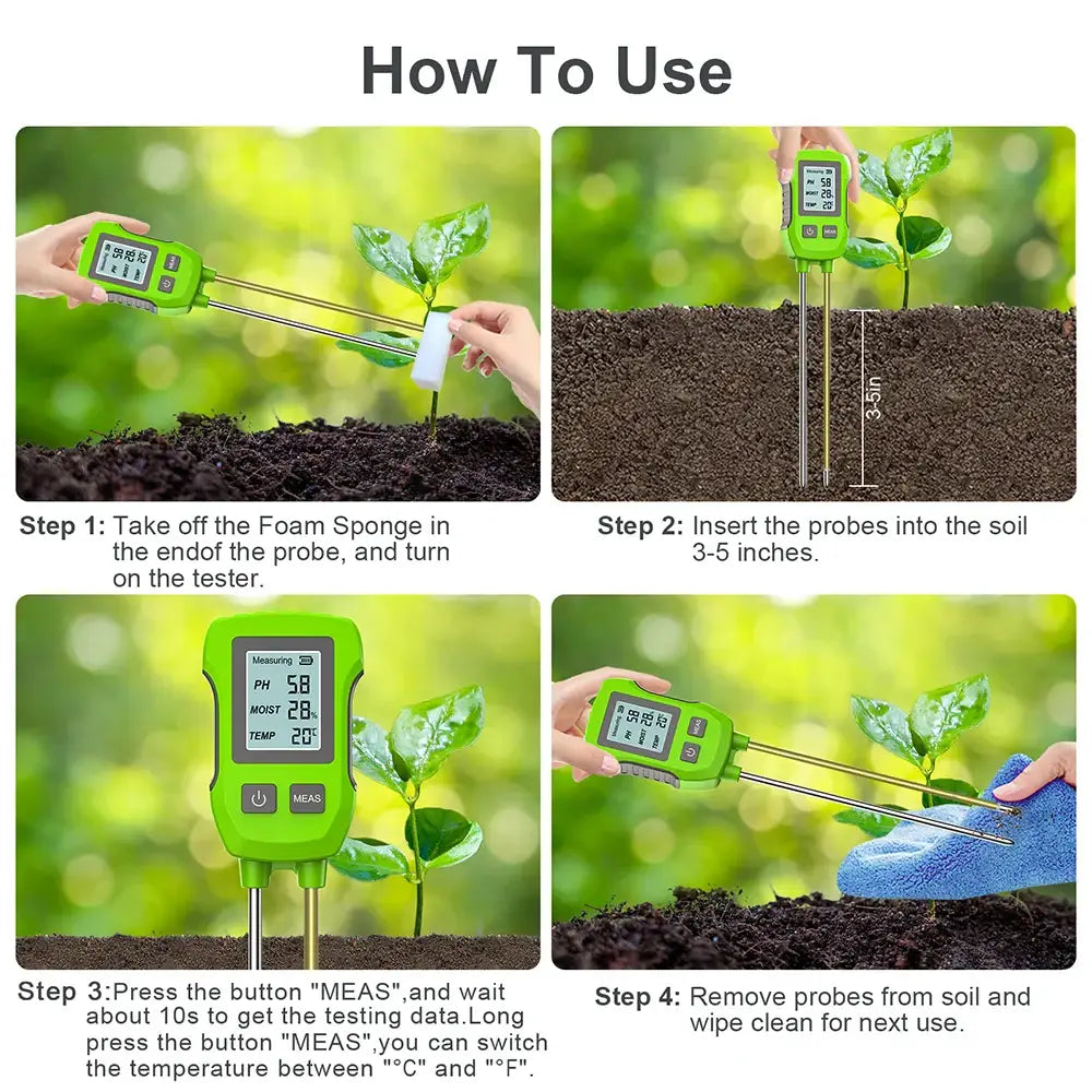 LCD 3/5-in-1 Handheld Soil Tester for pH Moisture & Light (different colours & sets available) - HBC