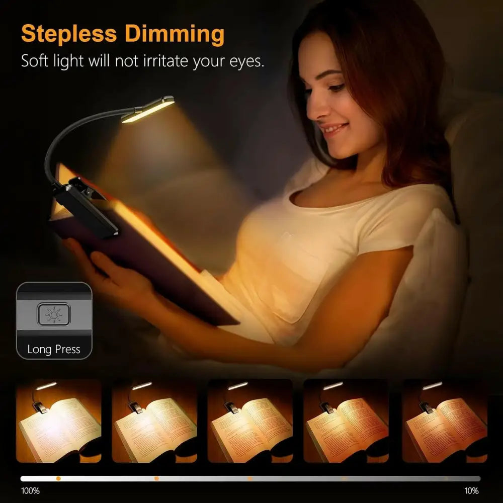 LED Rechargeable Clip-On Reading Light with Adjustable Dimming and Flexible Neck for Eye Comfort - Black