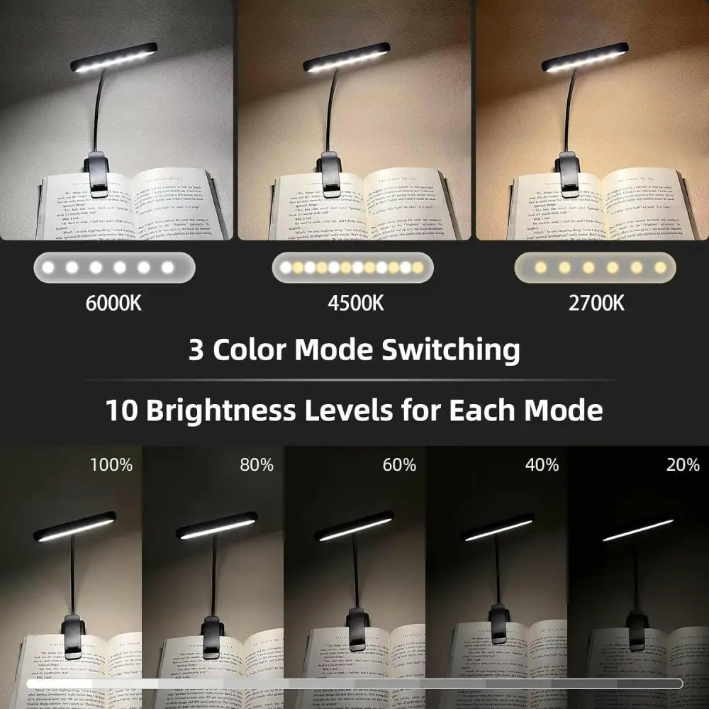 LED Rechargeable Clip-On Reading Light with Adjustable Dimming and Flexible Neck for Eye Comfort - Black