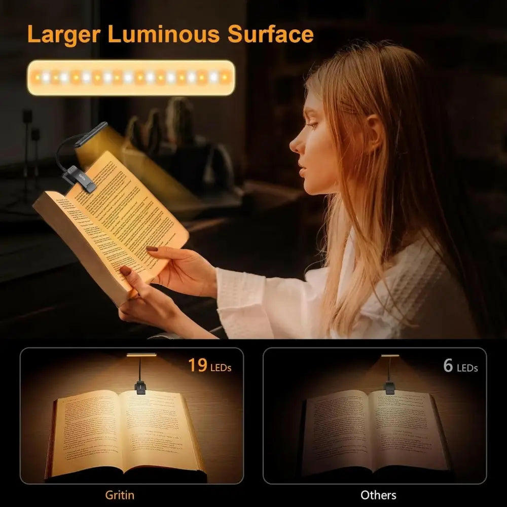 LED Rechargeable Clip-On Reading Light with Adjustable Dimming and Flexible Neck for Eye Comfort - Black