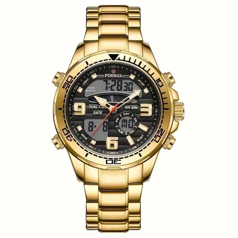 LIGE Men’s Dual Display Watch – Stainless Steel Quartz (6 models available) - Golden Black - TWS