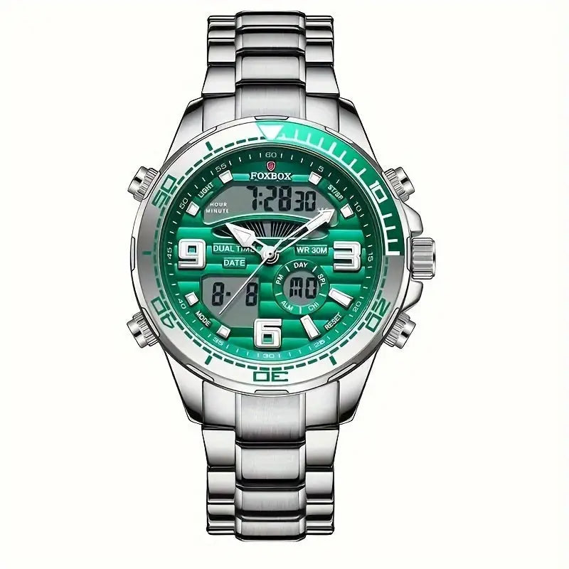 LIGE Men’s Dual Display Watch – Stainless Steel Quartz (6 models available) - Silvery Green - TWS