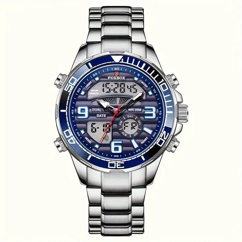 LIGE Men’s Dual Display Watch – Stainless Steel Quartz (6 models available) - Silvery Blue - TWS