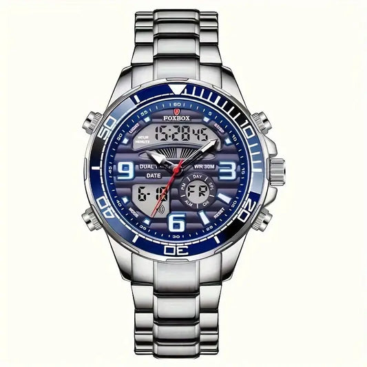 LIGE Men’s Dual Display Watch – Stainless Steel Quartz (6 models available) - Silvery Blue - TWS