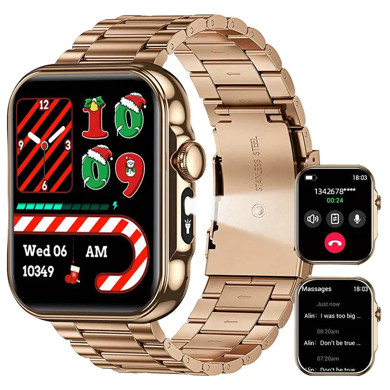 LIGE Outdoor Smart Watch – Large HD Screen AI Voice Assistant - Golden-Steel - TWS