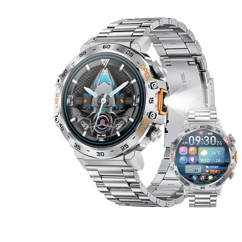 LIGE Outdoor Smartwatch – HD Screen LED Flashlight 290mAh Battery (6 types available) - Silvery Steel Belt - TWS