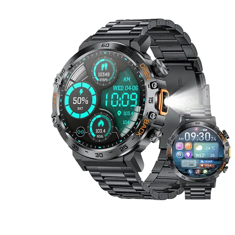 LIGE Outdoor Smartwatch – HD Screen LED Flashlight 290mAh Battery (6 types available) - Black Steel Belt - TWS