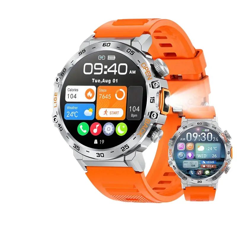 LIGE Outdoor Smartwatch – HD Screen LED Flashlight 290mAh Battery (6 types available) - Orange Silicone - TWS