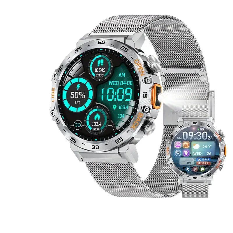 LIGE Outdoor Smartwatch – HD Screen LED Flashlight 290mAh Battery (6 types available) - Silvery Mesh Belt - TWS