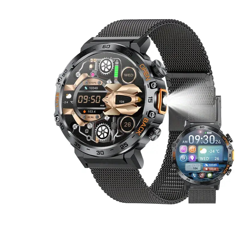 LIGE Outdoor Smartwatch – HD Screen LED Flashlight 290mAh Battery (6 types available) - Black Mesh Belt - TWS