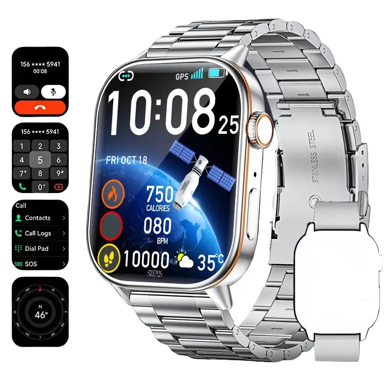 LIGE Outdoor Smartwatch – Large Screen with Compass & Music (10 different styles available) - Silvery Steel Strip - TWS